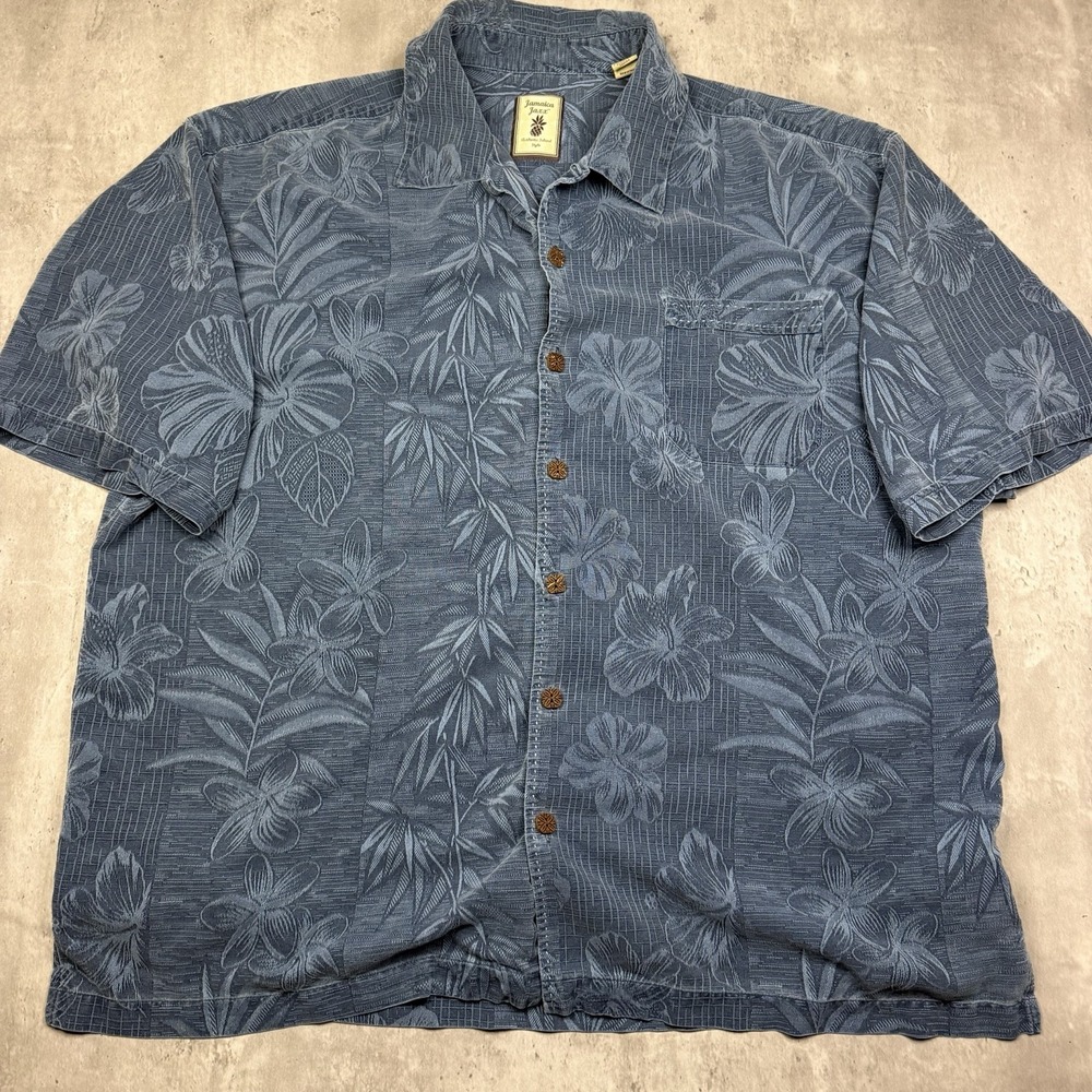 Jamaica Jaxx Hawaiian Leaves Camp Shirt Vintage Tropical AOP Blue Silk XXL